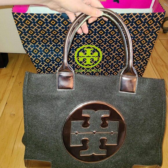 Tory Burch ELLA Wool Leather Trim Large Brown Gold Tote Bag Purse Handbag - Picture 2 of 9